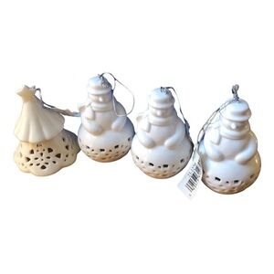 Set of 4 Ceramic White Christmas Craft Ornament Bells 3 Snowmen & Tree 4.5”